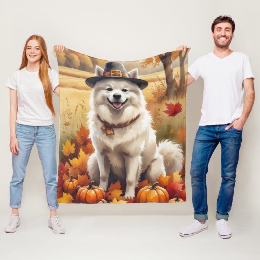 Samojed in herfstbladeren dankdag kunst fleece deken (In situ)