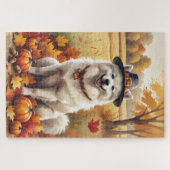 Samojed in herfstbladeren dankdag kunst legpuzzel (Horizontaal)