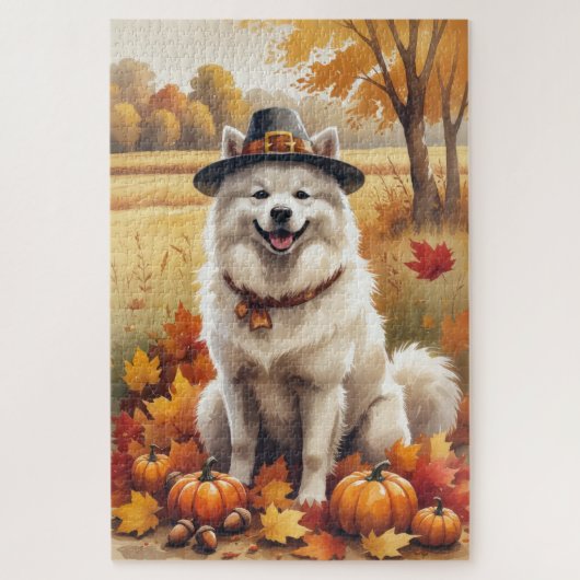 Samojed in herfstbladeren dankdag kunst legpuzzel (Verticaal)