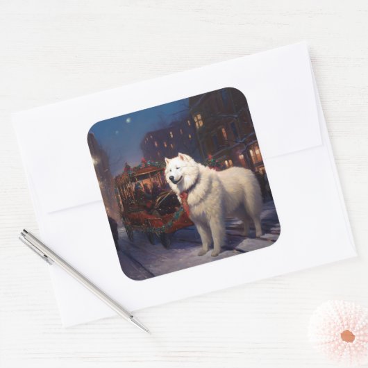 Samojed Kerst Feestelijke Periode Vierkante Sticker (Envelop)