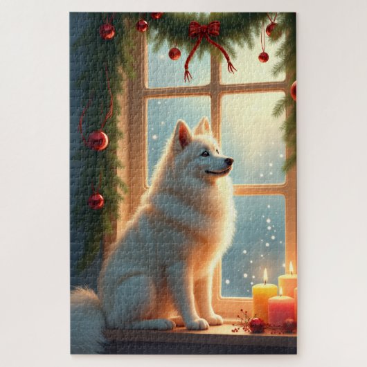 Samojed onder de mistletoe kerstschilderij legpuzzel (Verticaal)