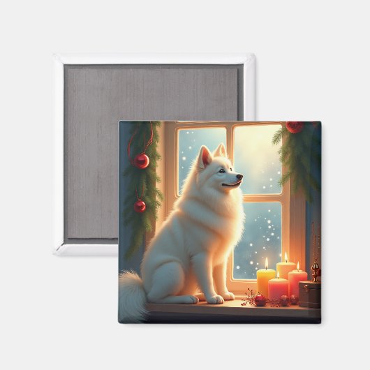 Samojed onder de mistletoe kerstschilderij magneet (Voorkant / Achterkant)
