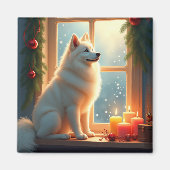 Samojed onder de mistletoe kerstschilderij magneet (Voorkant)