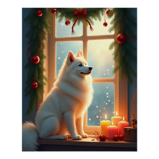 Samojed onder de mistletoe Kerstschilderij Perfect Poster (Voorkant)