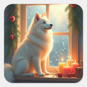 Samojed onder de mistletoe kerstschilderij vierkante sticker (Voorkant)
