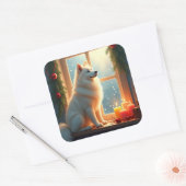 Samojed onder de mistletoe kerstschilderij vierkante sticker (Envelop)