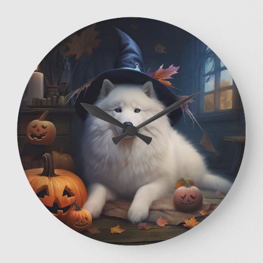 Samojed Pompoenen Halloween Griezelen Grote Klok (Voorkant)