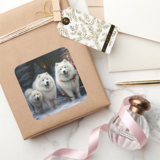 Samojed Sneeuw Slede Kerst Decoratie Vierkante Sticker (Geschenken)