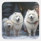 Samojed Sneeuw Slede Kerst Decoratie Vierkante Sticker (Voorkant)
