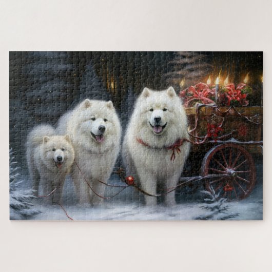 Samojed Sneeuw Sleebellen Kerst Decoratie Legpuzzel (Horizontaal)
