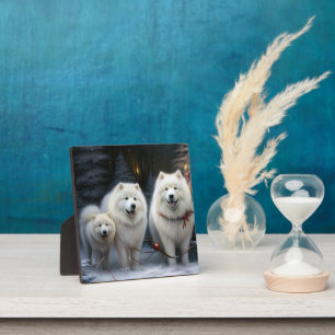 Samojed Sneeuw Sleebellsen Kerst Decoratie Fotoplaat