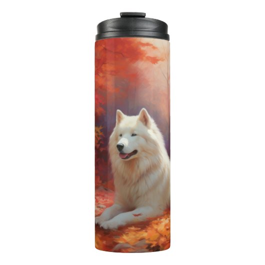 Samojed tussen vallende herfstbladeren inspireert thermosbeker (Voorkant)