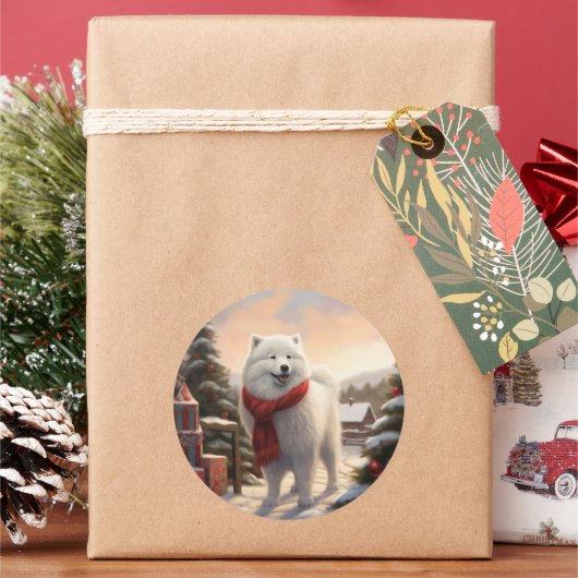 Samojedische hond in sneeuw Kerstmis  Ronde Sticker (Feestdagen)