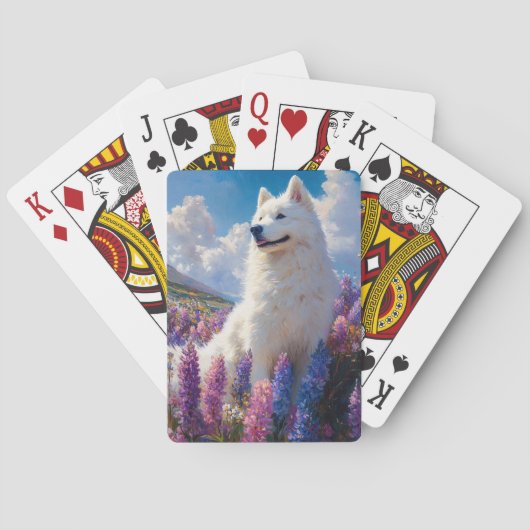Samojeed Dog Paarse Lupine Flowers Pokerkaarten (Achterkant)