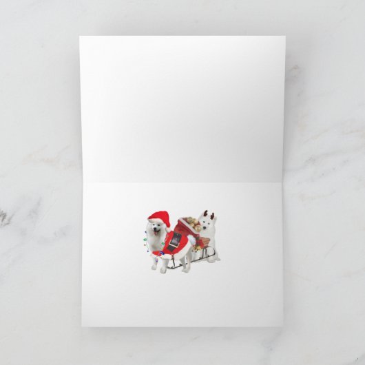 Samojeed en de Kerstman in Sleigh kaarten (Binnen)