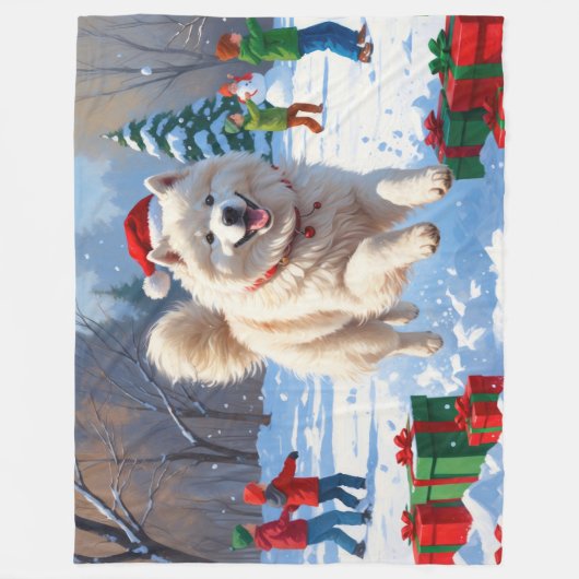 Samojeed hardlopen in de sneeuw met kerst Pet Fleece Deken (Voorkant)