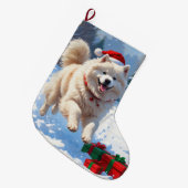 Samojeed hardlopen in de sneeuw met kerst Pet Grote Kerstsok (Voorkant (Hangend))