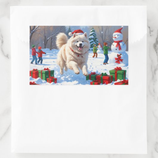 Samojeed hardlopen in de sneeuw met kerst Pet Rechthoekige Sticker (Tas)