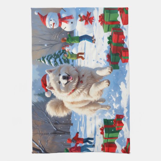 Samojeed hardlopen in de sneeuw met kerst Pet Theedoek (Verticaal)