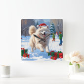 Samojeed hardlopen in de sneeuw met kerst Pet Vierkante Klok (Huis)