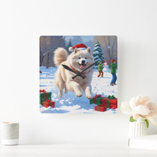 Samojeed hardlopen in de sneeuw met kerst Pet Vierkante Klok (Huis)