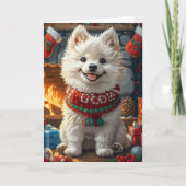 Samojeed hond met kerstcadeaus open haard kaart (Voorkant)