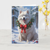 Samojeed in de sneeuw met Holiday Wreath Winter Ar Kaart (Gele Bloem)