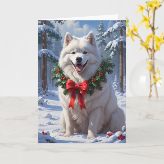 Samojeed in de sneeuw met Holiday Wreath Winter Ar Kaart (Gele Bloem)
