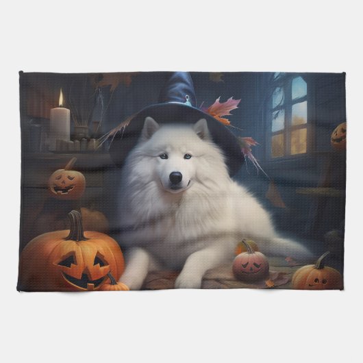 Samojeed Pompoenen Halloween Griezelen Theedoek (Horizontaal)