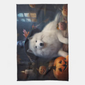 Samojeed Pompoenen Halloween Griezelen Theedoek (Verticaal)