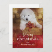 Samojeed puppy hond met kerstcadeaus feestdagenkaart (Voorkant / Achterkant)