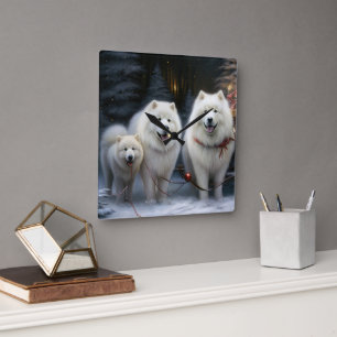 Samojeed Sneeuw Sleigh Kerst Decoratie Vierkante Klok