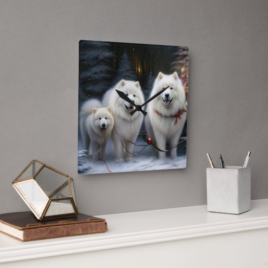 Samojeed Sneeuw Sleigh Kerst Decoratie Vierkante Klok (Kantoor)