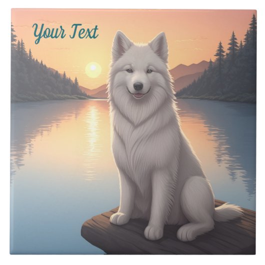 Samoyed bij het meer tegeltje (Voorkant)