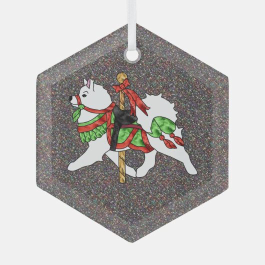 Samoyed Carousel Horse Glass Hexagonal Ornament BK (Voorkant)