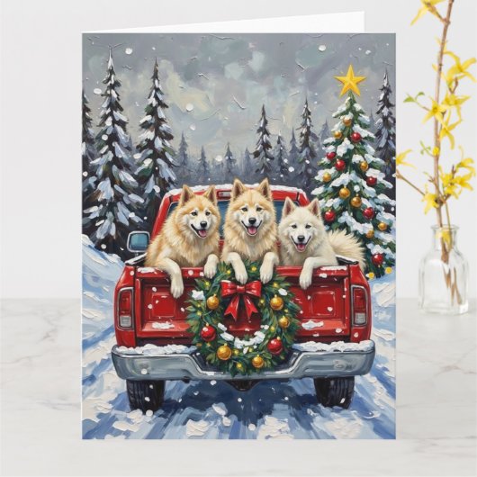 Samoyed Christmas Red Truck Holiday Kaart (Gele Bloem)