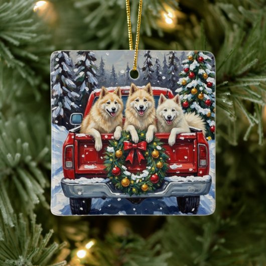 Samoyed Christmas Red Truck Holiday Keramisch Ornament (Boom)