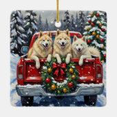 Samoyed Christmas Red Truck Holiday Keramisch Ornament (Achterkant)