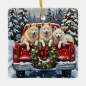 Samoyed Christmas Red Truck Holiday Keramisch Ornament (Voorkant)