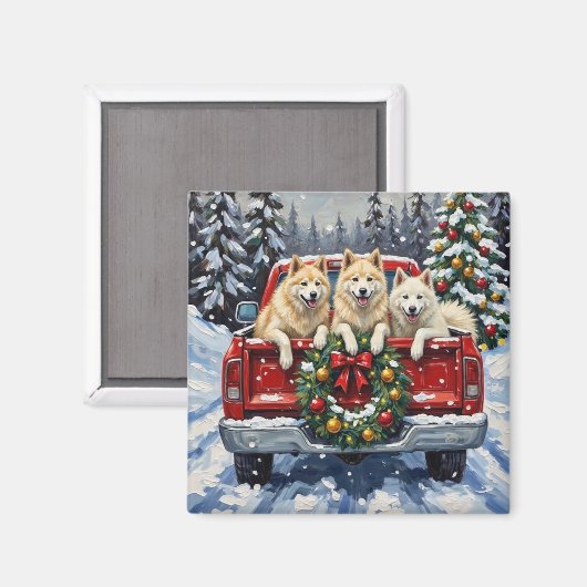 Samoyed Christmas Red Truck Holiday Magneet (Voorkant / Achterkant)