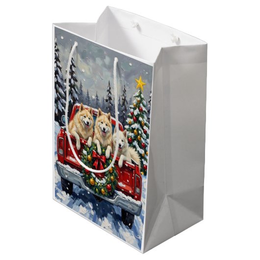 Samoyed Christmas Red Truck Holiday Medium Cadeauzakje (Achterkant Gekanteld)