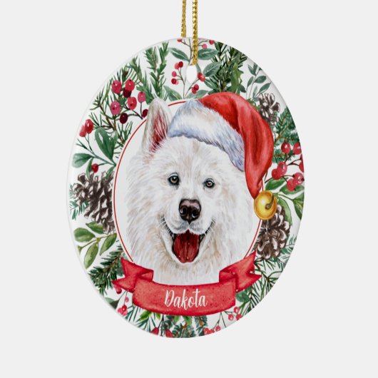Samoyed Custom Santa Hat Dog kerstversiering Keramisch Ornament (Rechts)