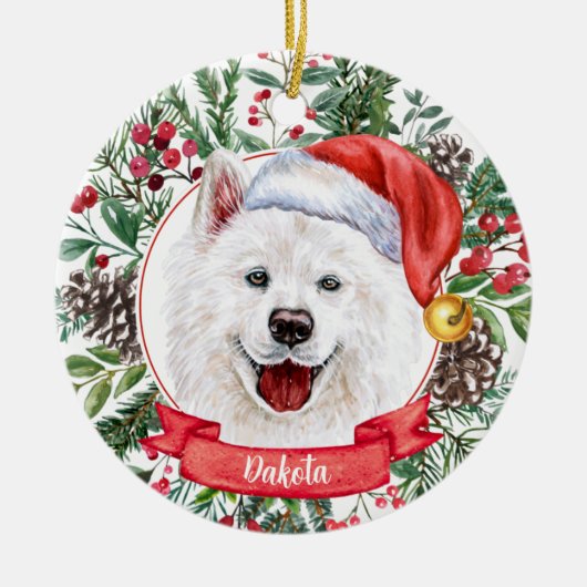 Samoyed Custom Santa Hat Dog kerstversiering Keramisch Ornament (Voorkant)