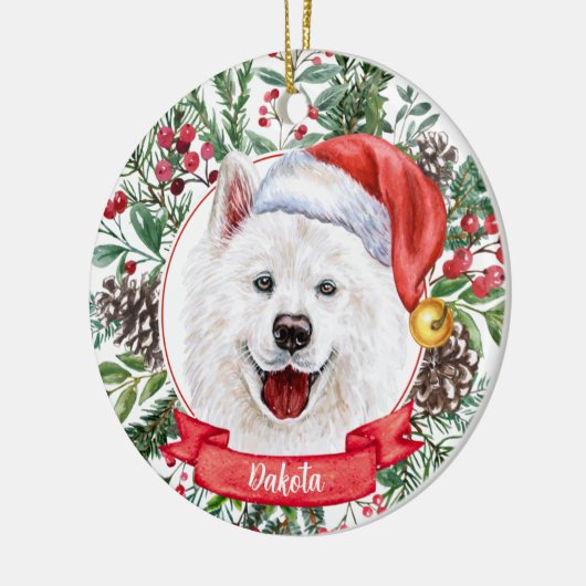 Samoyed Custom Santa Hat Dog kerstversiering Keramisch Ornament (Links)