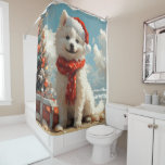 Samoyed Dog Christmas  Beach Douchegordijn<br><div class="desc">Breng de warmte van de feestdagen naar de kust met dit charmante, op vintages geïnspireerde ontwerp met een feestelijke hond die op een sereen strand zit. Met een klassieke vakantietoets van nostalgische tinten en kustvibes, vangt dit kunstwerk de magie van Kerstmis door het zee. Perfect voor het verspreiden van feestvreugde,...</div>