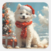 Samoyed Dog Christmas Beach Vierkante Sticker (Voorkant)