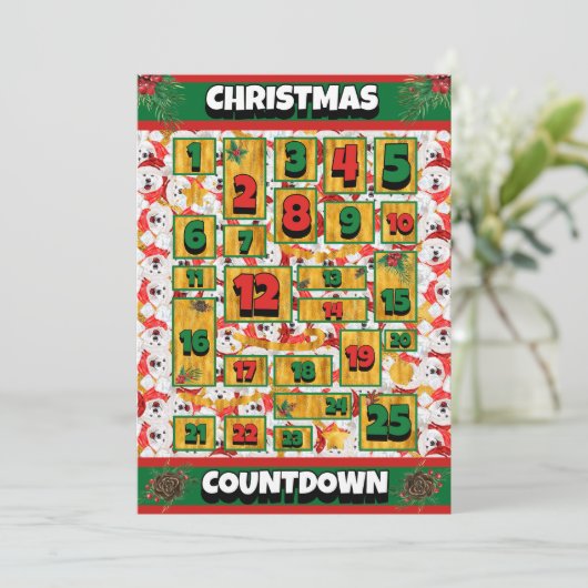 Samoyed Dog Counting met Kerstmis Advent Calendar Feestdagenkaart (Staand voorkant)