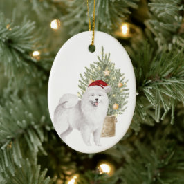 Samoyed Dog en Waterverf met kerstbomen Keramisch Ornament