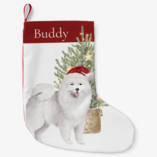 Samoyed Dog en Waterverf met kerstbomen Kleine Kerstsok (Voorkant)