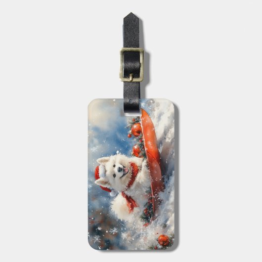 Samoyed Dog in Sledge Laat het Sneeuw Kerstmis Bagagelabel (Voorkant verticaal)